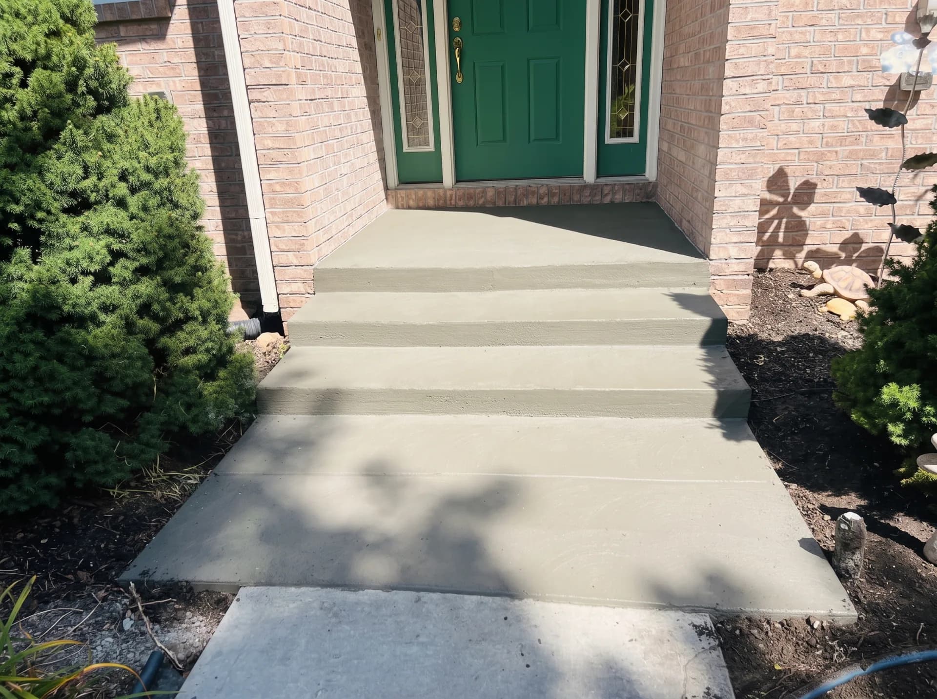 Newly poured monolithic concrete steps with clean brush finish and troweled borders