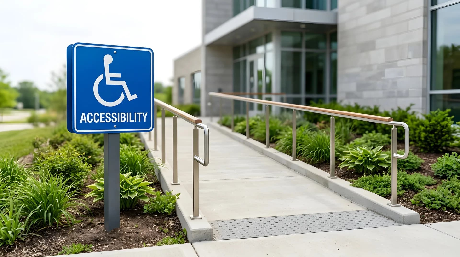 Finished ADA compliant handicap ramp with red detectable warning tiles