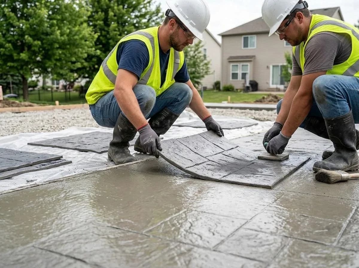 J&J crew screeding and placing stamped concrete
