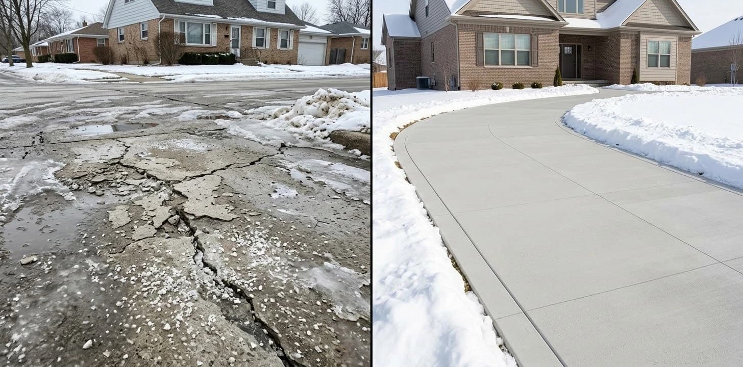 A severely cracked and spalling concrete driveway in Central Indiana suffering from severe winter freeze-thaw and salt damage.