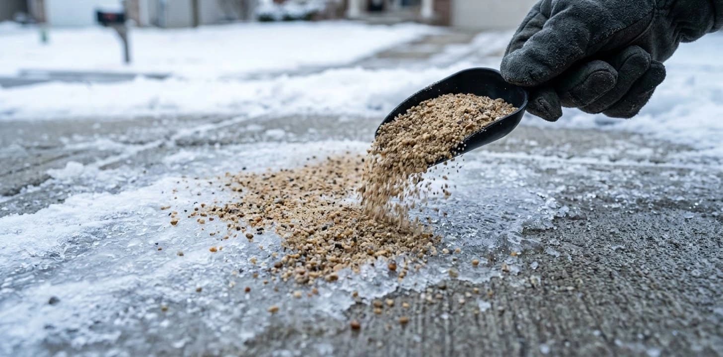 Close-up of a damaged concrete driveway showing severe surface spalling and crumbling from repeated winter salt applications.